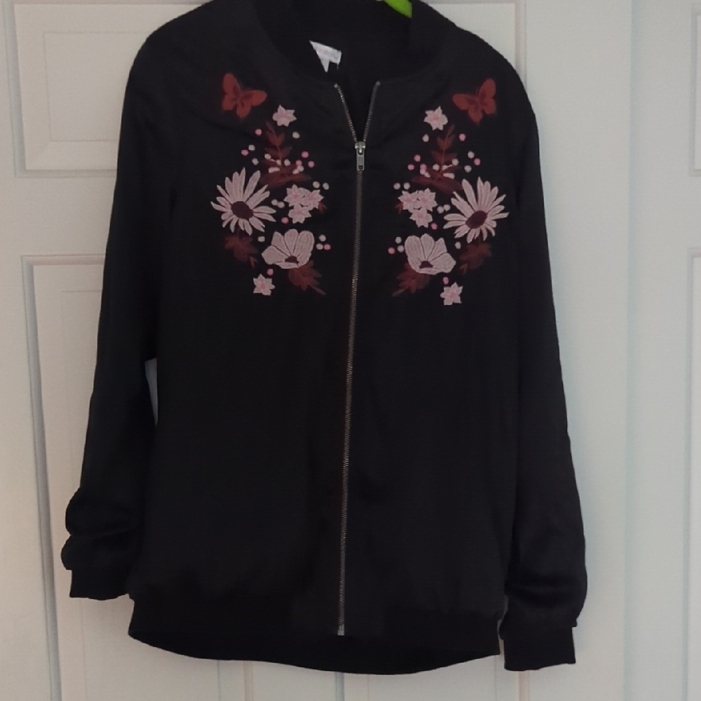 Black Bomber Jacket with Pink Floral Embroidery